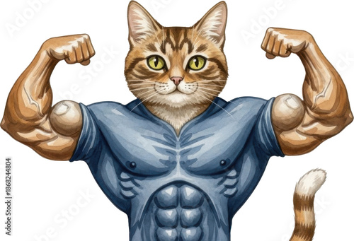 Funny muscular cat flexing muscles and showing off strength isolated on transparent background