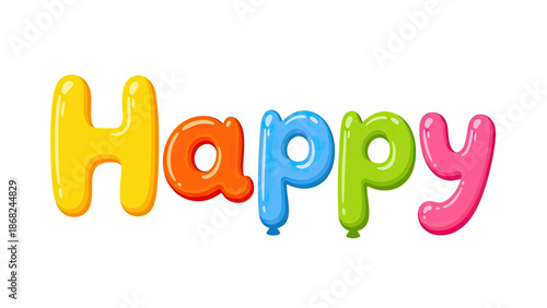 Colorful, bubbly cartoon "Happy" text, each letter a different bright color, on white