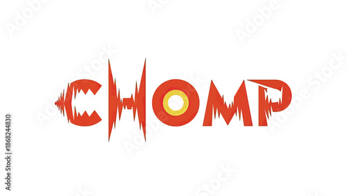 Bold red "CHOMP" graphic with stylized, jagged edges and a circular "O.