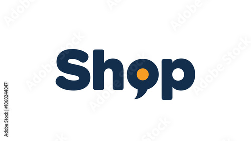 Bold "Shop" graphic in dark blue with orange dot in the "o" and white background