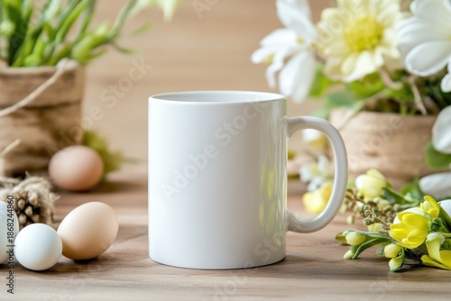 Mockup of white ceramic mug on wooden surface with easter decor