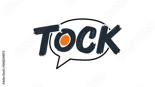 A graphic of the word "TOCK" in dark blue brushstrokes, inside a speech bubble
