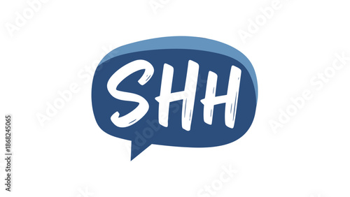 SHH" written in white brushstroke style within a speech bubble. Blue on white backdrop