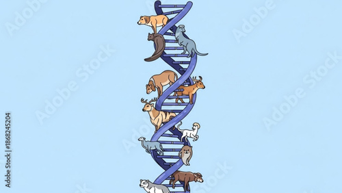 DNA helix with various animals climbing representing genetic diversity and evolution a unique concept for biology and science