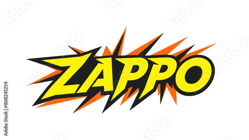 A dynamic, stylized word "ZAPPO" appears in a comic-book style design on white