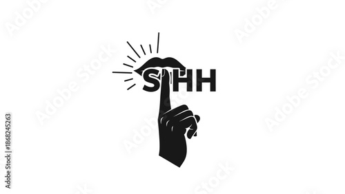 Silhouetted image of a mouth, finger, and the letters "SHH" against a white background