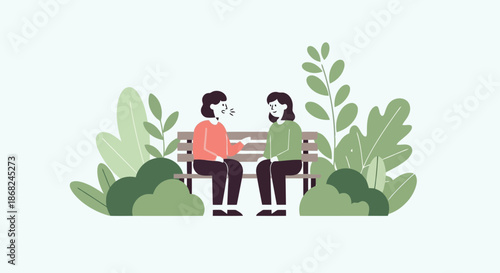Illustration of two people sitting on a park bench talking surrounded by lush green foliage and plants on a light blue background