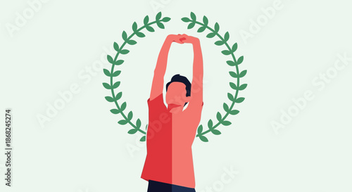 Illustration of a person stretches their arms up in the air within a laurel wreath, symbolizing achievement and victory