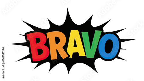 Colorful "Bravo" in a comic book burst. Letters are rainbow-colored on black with white backdrop