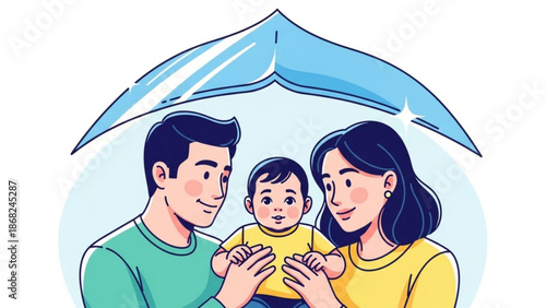 Happy family with baby under protective umbrella concept of security and care illustration for insurance and protection services