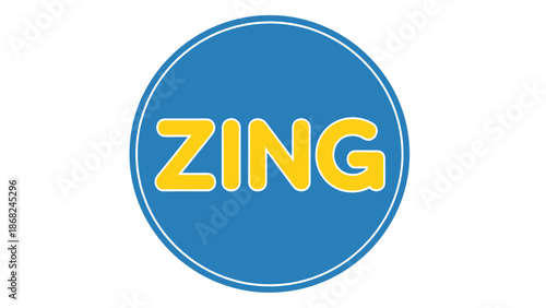 A circular blue and white outline contains yellow text "ZING" on a white background