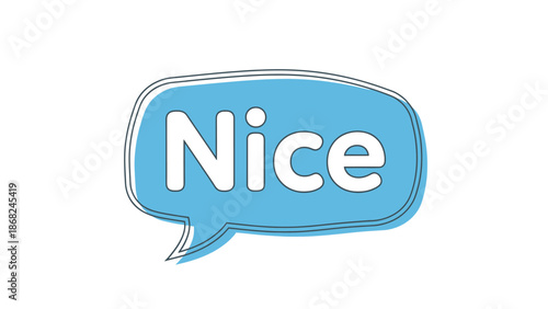 A speech bubble filled with blue, featuring the word "Nice" in white font