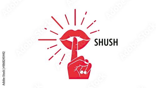 A red illustration on white background depicts a hand silencing lips, with "SHUSH