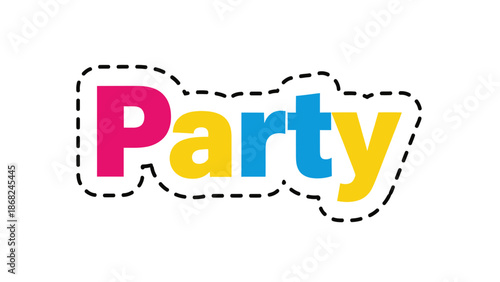 Colorful "Party" text, inside a dashed border, against a white background