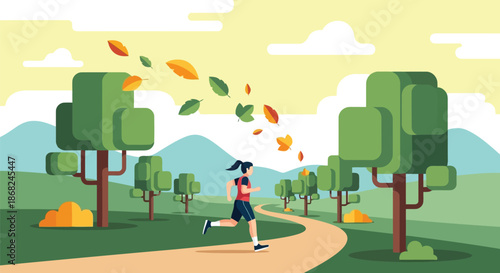 Illustration of a woman running on a path through a park with trees and falling autumn leaves, flat design illustration