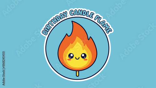 Cartoon flame inside a circle with "Birthday Candle Flame" text, set against a blue backdrop