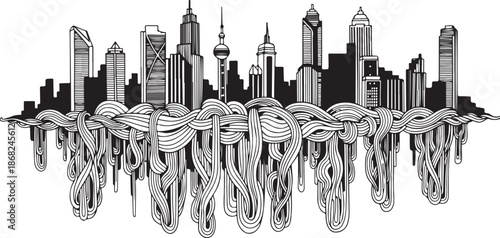 City Skyline with Abstract Tentacles Illustration