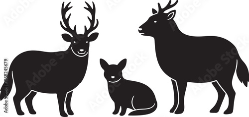 Black silhouettes of deer and dog family