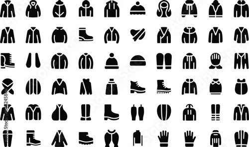 Collection of various clothing and fashion items icons in black and white
