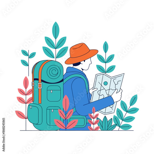 Adventurer navigating with a map amidst vibrant flora for outdoor exploration trip planning