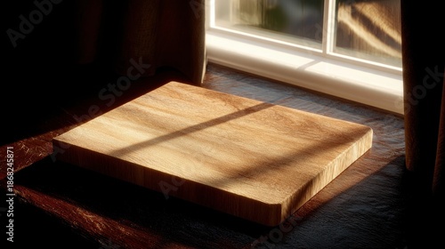 Wooden cutting board on a table near a window.