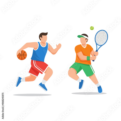 Dynamic sports duo, basketball player sprints, tennis player hits, action illustration
