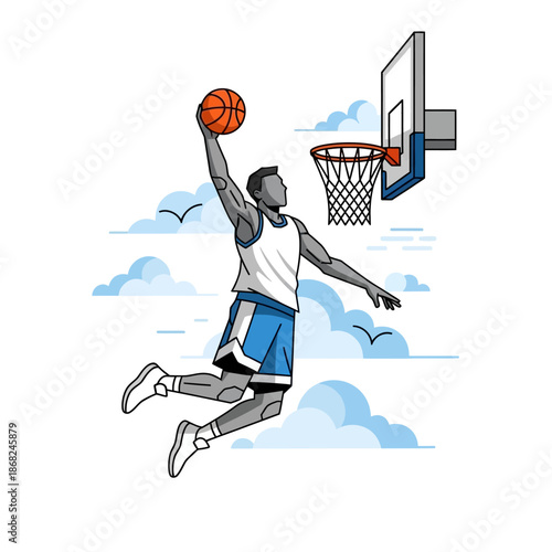 Dynamic basketball player executing a powerful slam dunk with creative style illustration