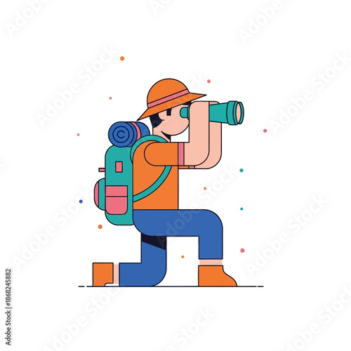 Illustrated hiker observing distant landscapes with a telescopic optic devise during an outdoor