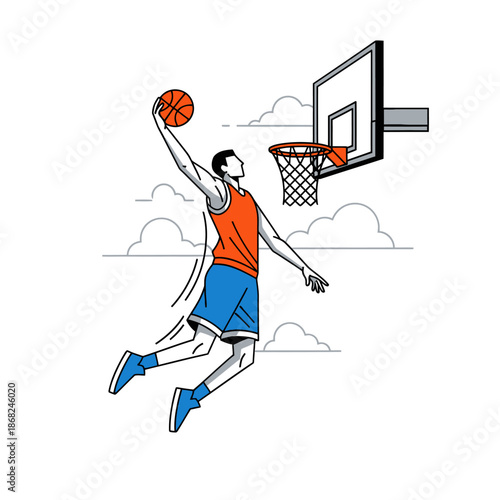 Dynamic basketball player executes slam dunk for illustration conveying energy action