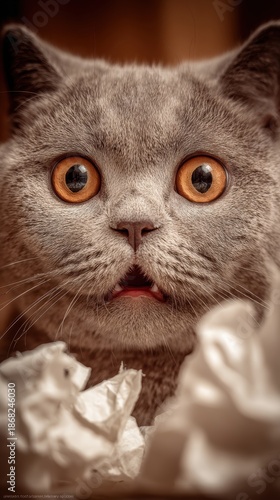 Surprised grey British Shorthair cat close-up with big amber eyes and funny expression, cozy indoor portrait for pet ads, memes, and editable social posts.