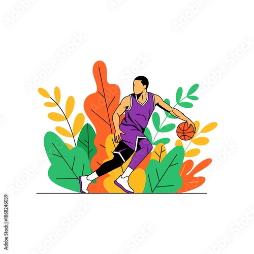 Dynamic basketball player dribbling in vibrant foliage illustration in flat design style