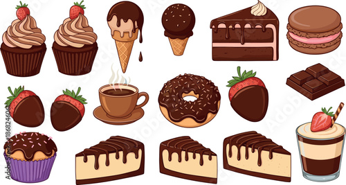 Chocolate dessert collection with vector illustrations of cakes, cupcakes, chocolate dipped strawberries, ice cream, and coffee