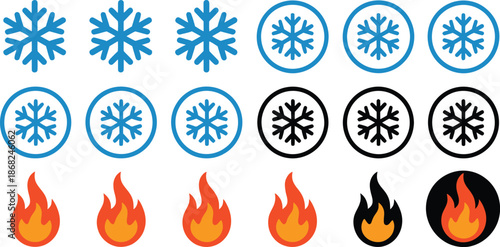 Snowflakes and flames icons set winter and fire symbols weather and temperature graphics