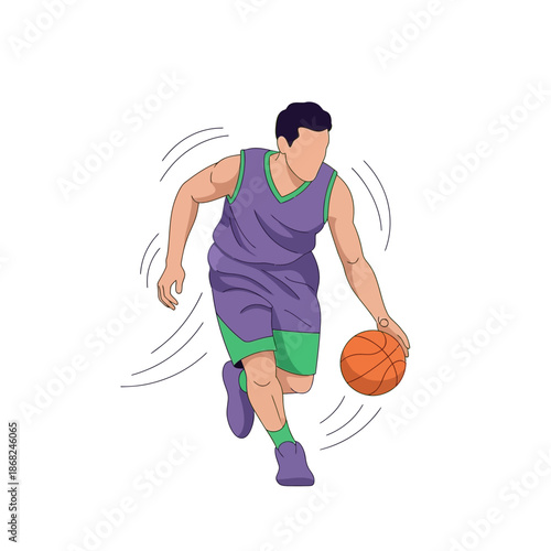 Dynamic basketball player dribbling with energetic motion lines illustration art