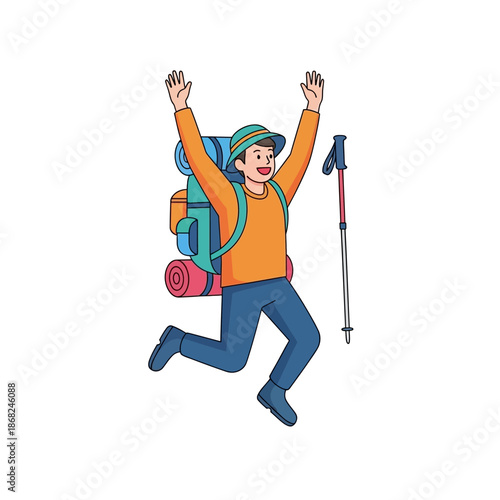 Joyful illustration of a traveler celebrating a successful mountain climb with arms raised high