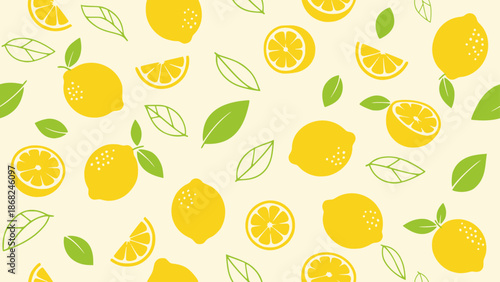 Fresh lemon fruit seamless pattern with yellow slices and leaves