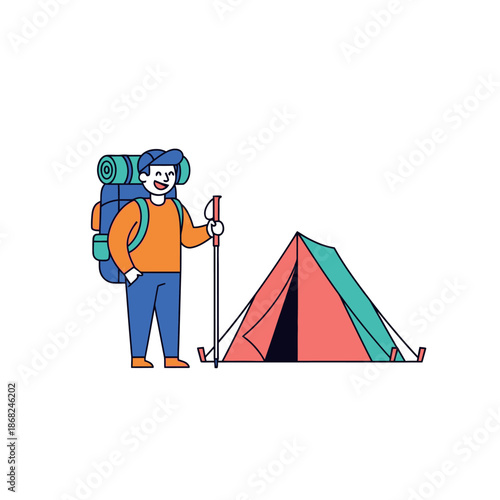 Adventures camping man enjoying with a tent after a tiring trekking journey