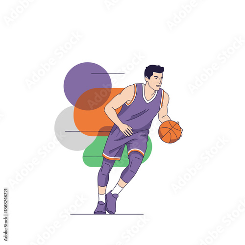 Dynamic basketball player dribbling with abstract geometric background in minimalist style