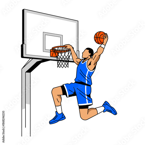 Dynamic basketball player executing a slam dunk in a stylized illustration format