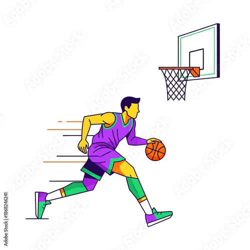 Dynamic illustration of a basketball player in motion striving for a slam dunk