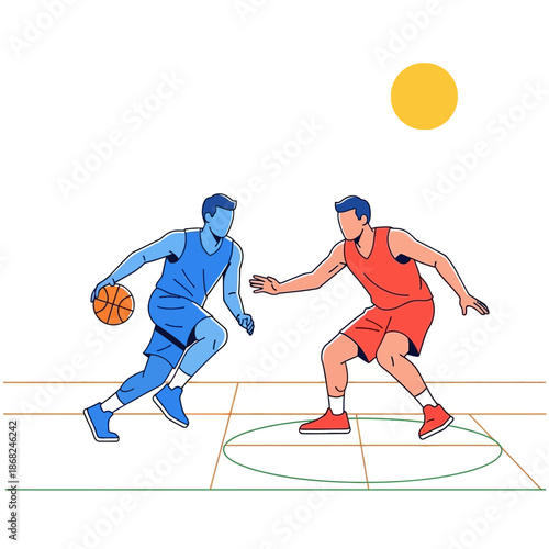Dynamic basketball duel under the bright sun illustration showcases athletic engagement between