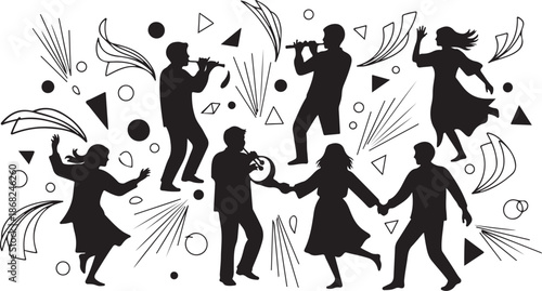 Silhouettes of people dancing and playing music together