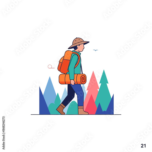 Solo explorer trekking through a whimsical forest adventure illustration for children's book