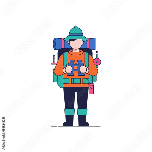 Cartoon tourist on hiking trip with heavy backpack explores nature landscapes