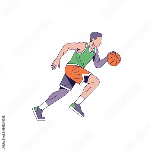 Dynamic basketball player sprints with ball in hand in an artistic stylized illustration