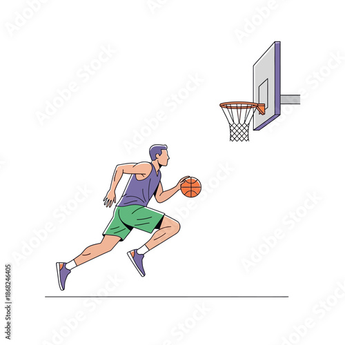 Dynamic basketball player dribbling towards the hoop in a minimalist illustration style