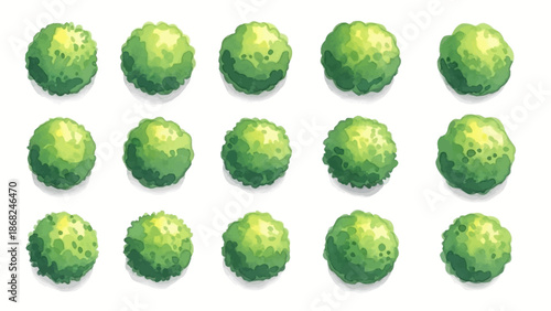 Watercolor tree icon set, yellow hand drawn bush top view, vector green architecture map design kit. Garden park abstract sign, nature environment plan landscape layout object. Flat tree top crown art