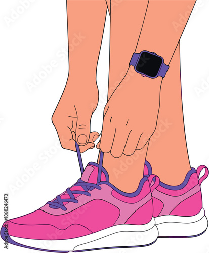 Person tying shoelaces on pink sneakers before running or workout exercise in flat vector illustration style