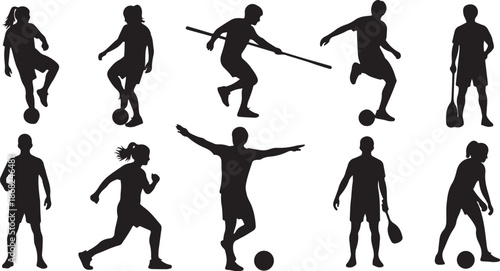 Silhouettes of people playing various sports with balls