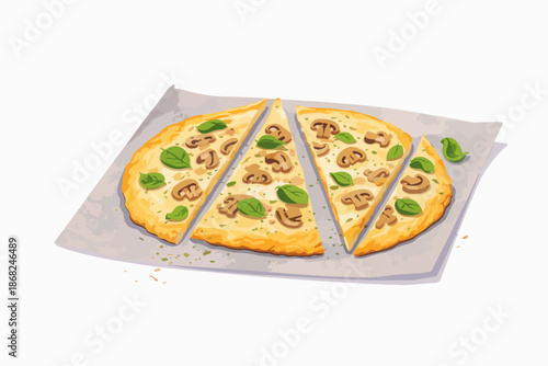 Sliced fresh pizza with plenty of ingredients on a thin crust.